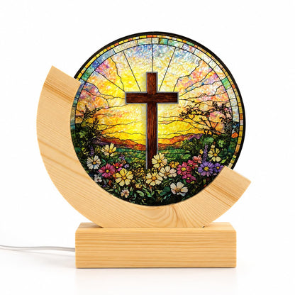 Christian Cross Stained Glass Night Light – Warm LED Glow, USB Powered, Solid Acrylic Plate with Wooden Base – Religious Home Decor Gift for Mom, Women, Christians, Easter, Christmas, Mother's Day