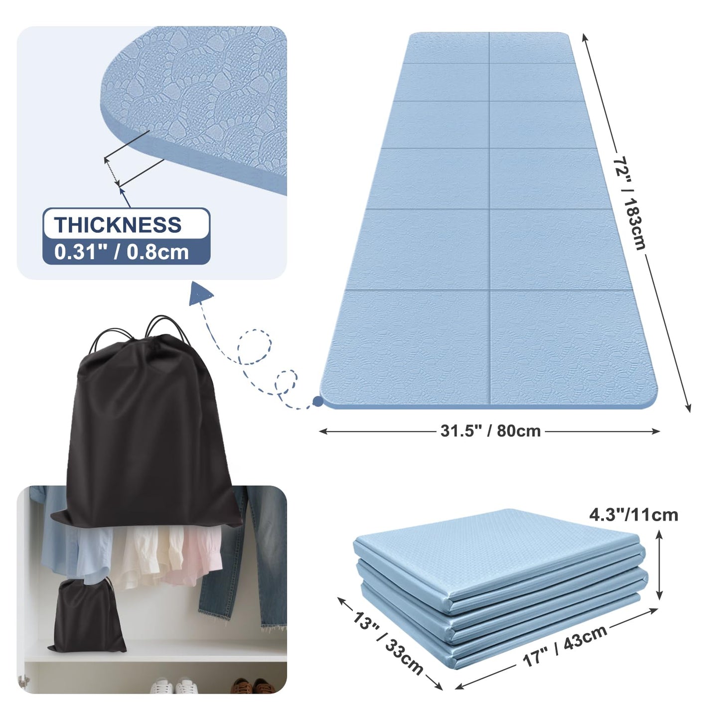 Kanonmaori Foldable Yoga Mat for Travel 72"x 32"x 0.32"Inch, 8mm Thick Folding Exercise Mat, Outdoor Non-slip Pilates Mat for Women & Men, Wide Yoga Mat Packable for Workout and Fitness（blue）