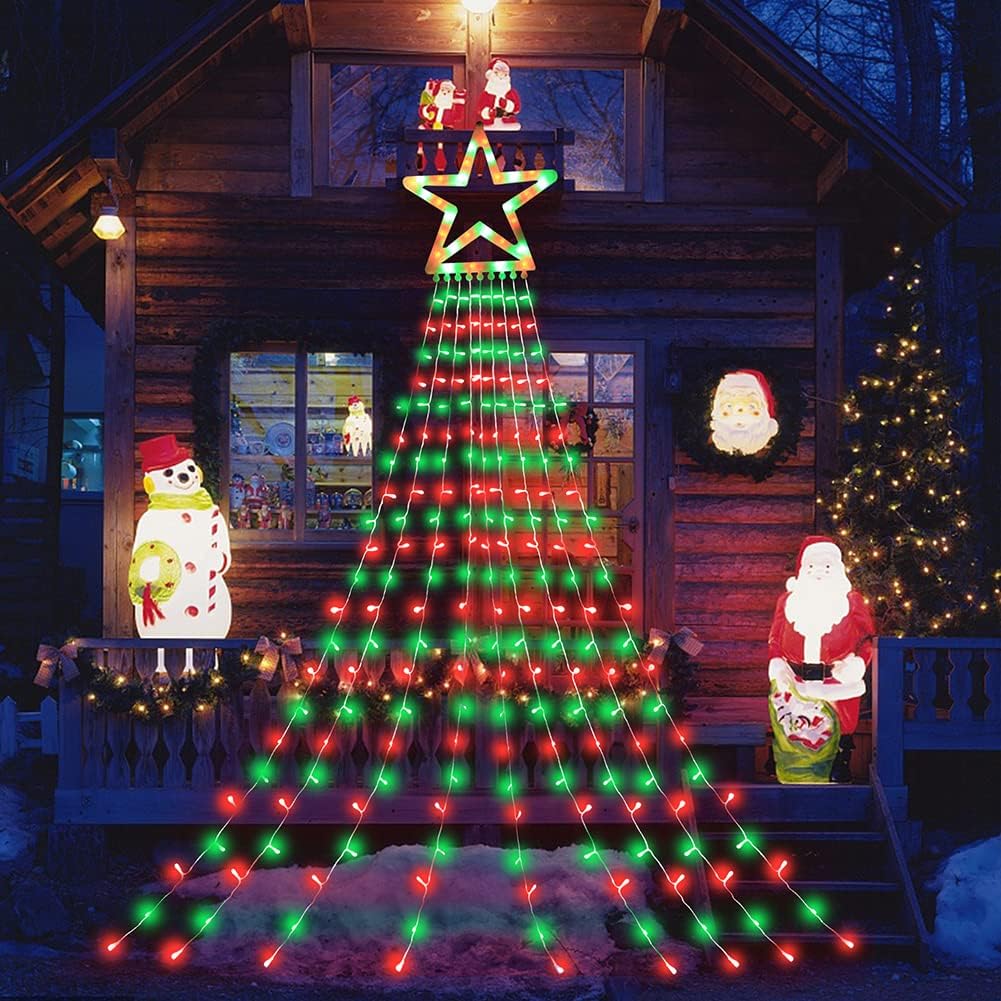 Outdoor Christmas Decorations Star Lights String,317 LED 11.5 ft Christmas Tree Lights, 8 Memory Lighting Modes&Timer Christmas Star Light for Yard,Festival,Party, Decorations (Green+Red)
