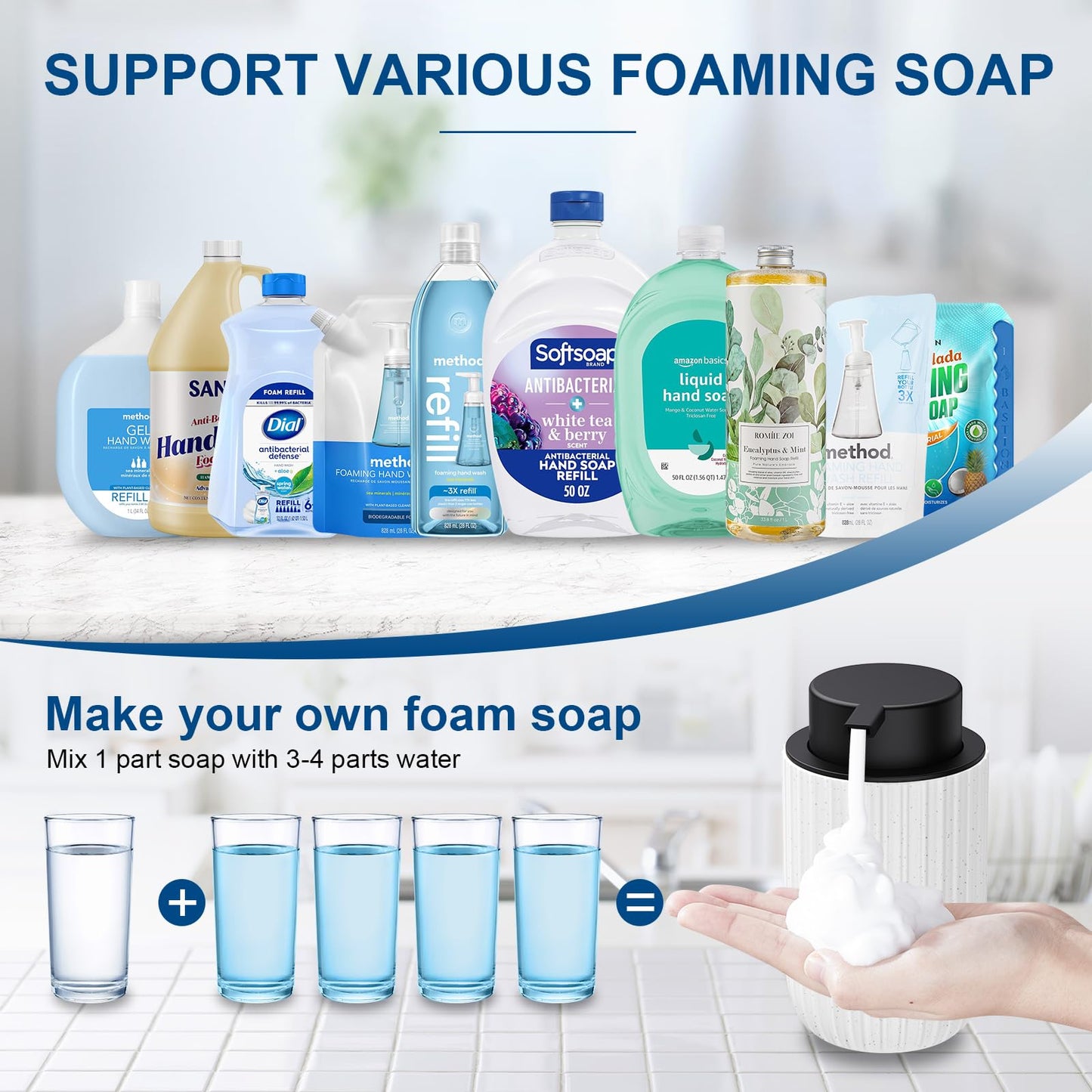 Ceramic Foaming Soap Dispenser, 12 oz Bathroom Foam Hand Soap Dispenser, Refillable Lotion Soap Dispenser with Removable Pump for Kitchen Hand Wash Dispenser, Modern Home Decor(2Pack-Black)