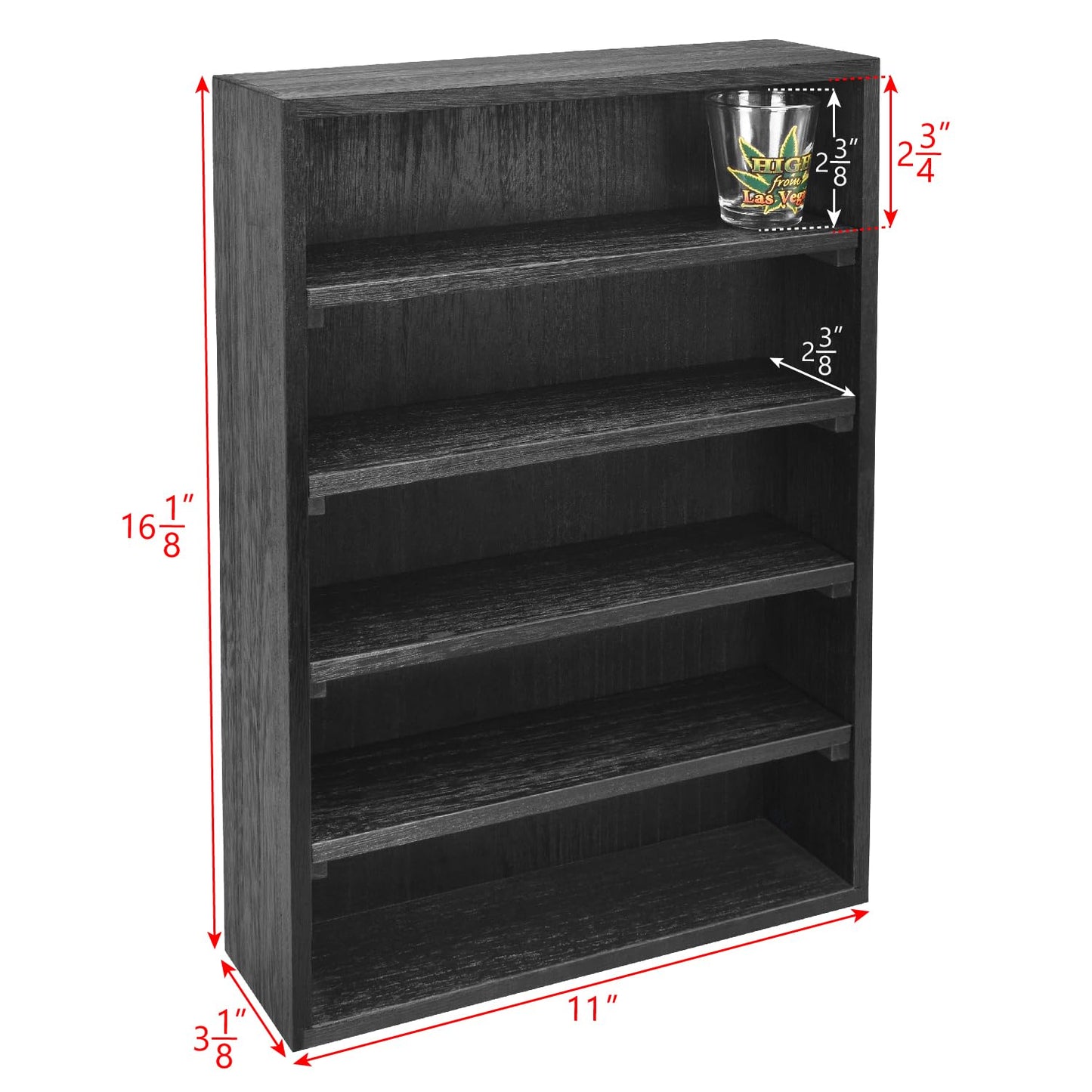 Ikee Design Wooden Wall-Mounted Display Shelves Rack for Collectibles, Figures,Shot Glasses,Spice Can,Cosmetics or Perfume, 5 Adjustable Height Shelves,Space-Saving, Black Color