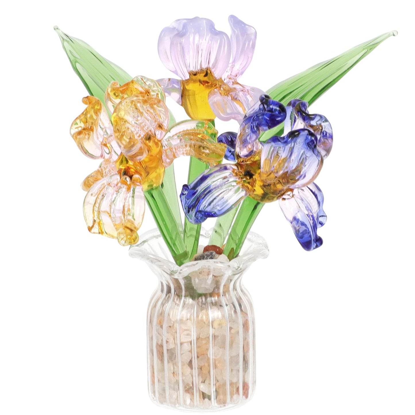Lovmeety Mini Glass Flowers with Vase, Handmade Crystal Flowers Decor Iris Flower Arrangements Glass Flower Bouquet for Home Office Shelf Table Centerpiece Gift for Women