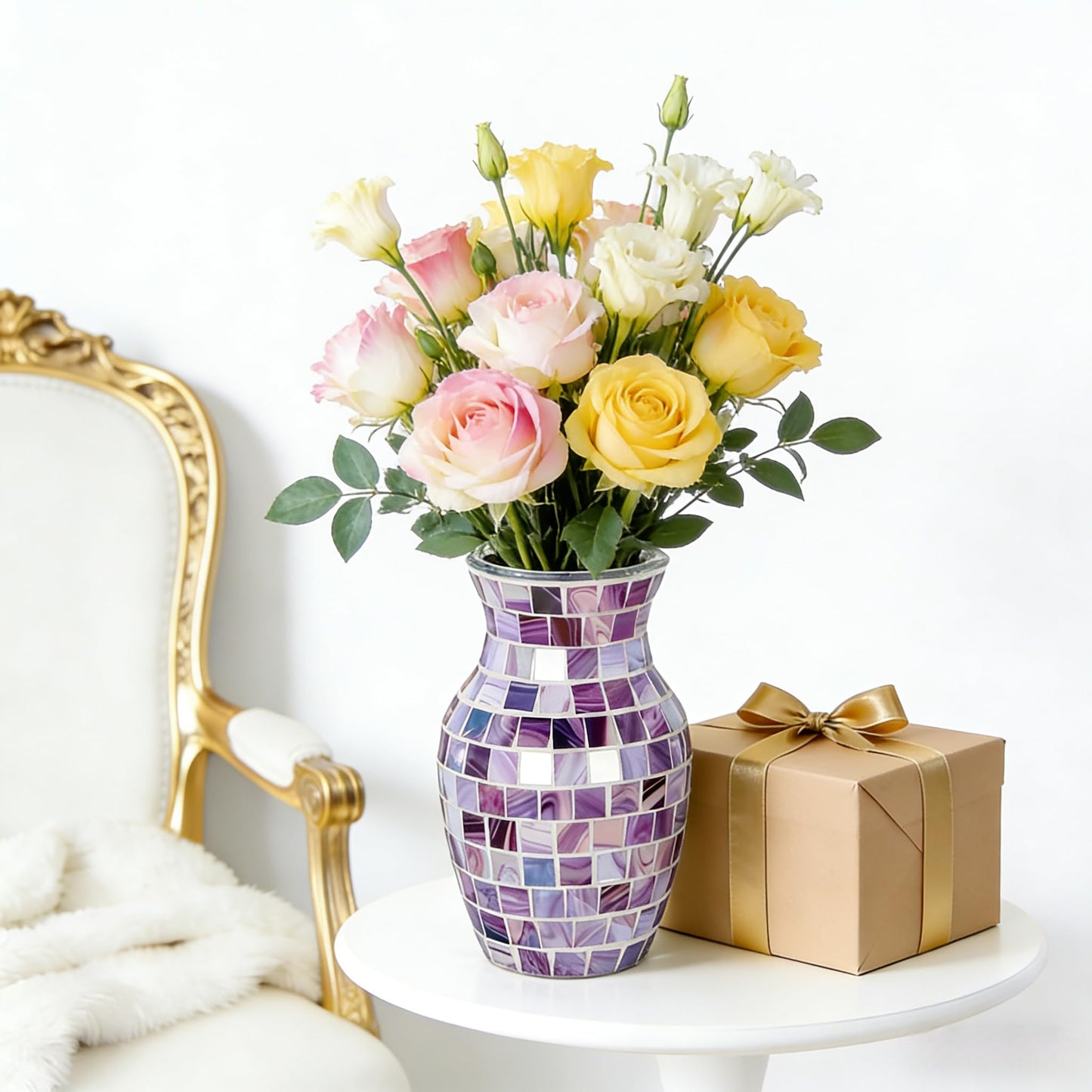 Mosaic Glass Vase, Silver Crackle Glass Vase, Shiny Modern Decor Handmade Vase, Glitter Mosaic Accent Container Table Centerpiece for Home Decor Office Living Room Bookshelves Wedding (Purple)