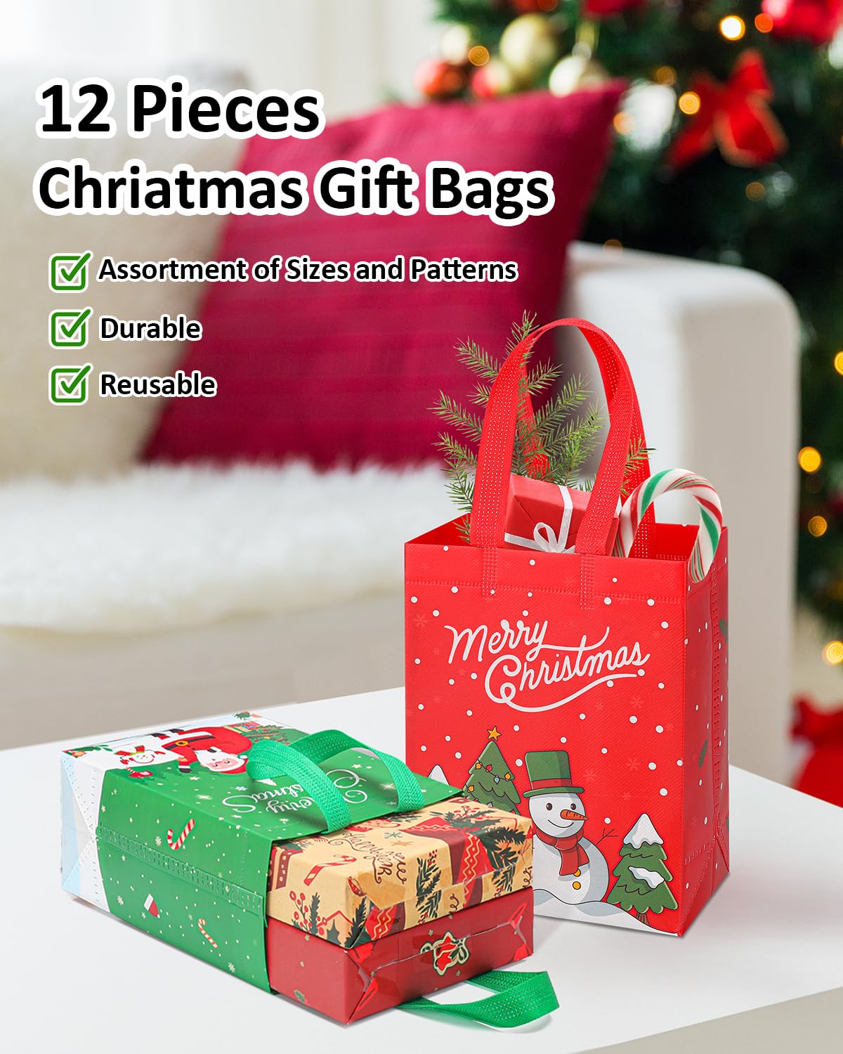 YALTOON 12 Pack Small Christmas Gift Bags, Mini Xmas Bags with Handles, Christmas Party Favor Bags, Tiny Holiday Gifts Bag for Presents, Mini 7.9"x5.9"x3.5"