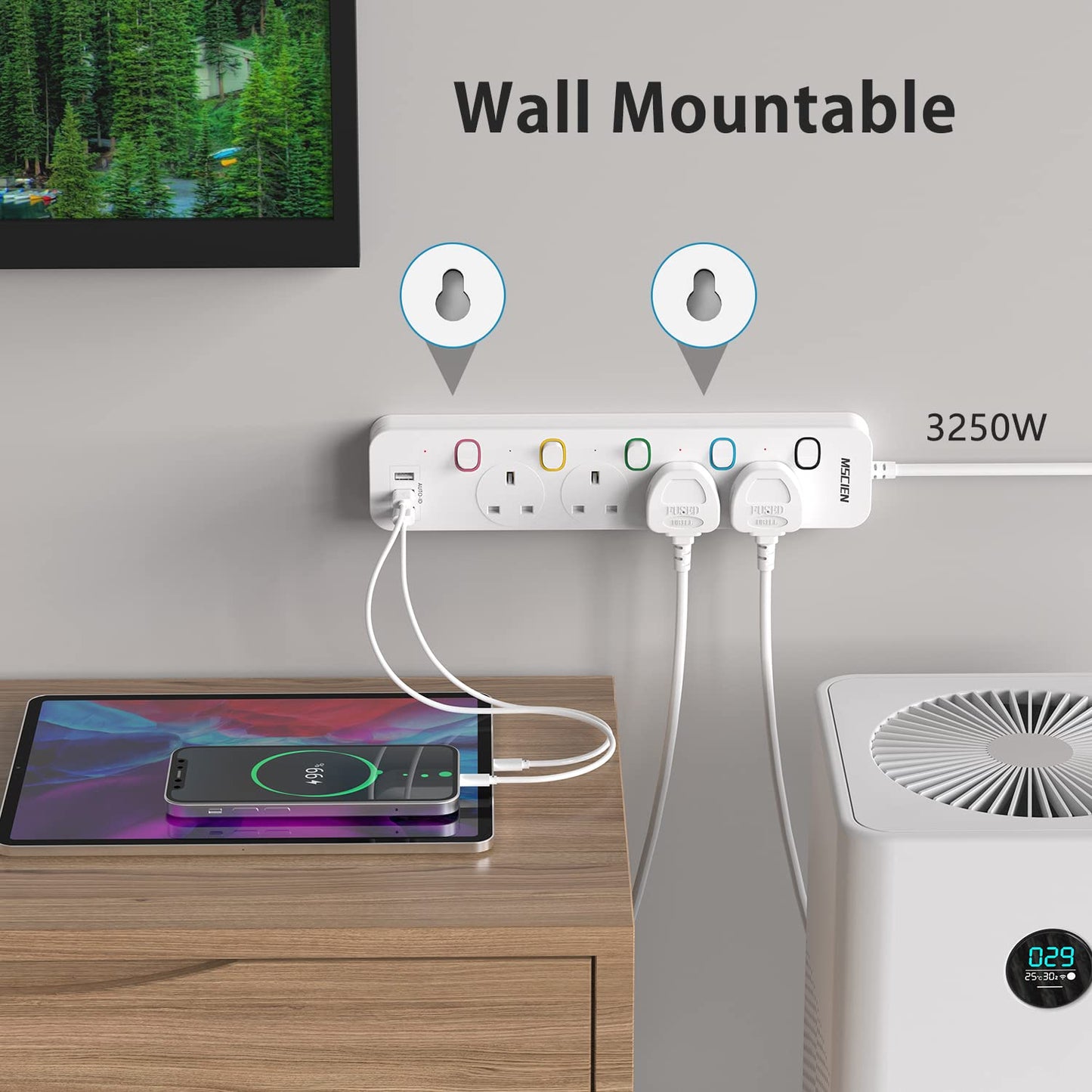Mscien 3M Extension Lead with USB Slots, 4 Way 3 USB Extension Socket with Individual Switches Mountable Overload Protection Power Strips with 3Metre Extension cable 3250W