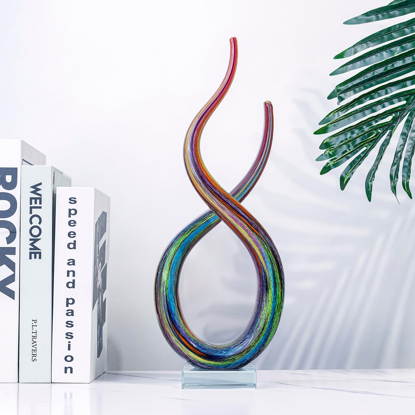 LLAVVD Hand Blown Murano Style Glass Sculpture, 14" Double Spiral Infinity Music Note Figurine Collectible, Modern Abstract Home Decor for Living Room Office Aquarium, Unique Gift for Art Lovers