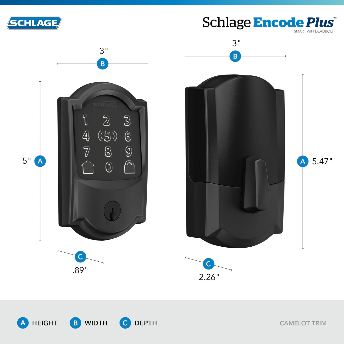 Schlage BE499WB CAM 619 Encode Plus WiFi Deadbolt Smart Lock, Keyless Entry Touchscreen Door Lock with Camelot Trim, Satin Nickel
