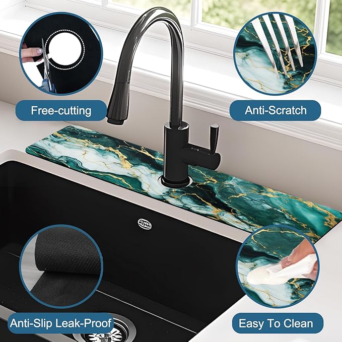 Green Marble Sink Splash Guard Faucet Mat Liquid Gold Marble Super Absorbent