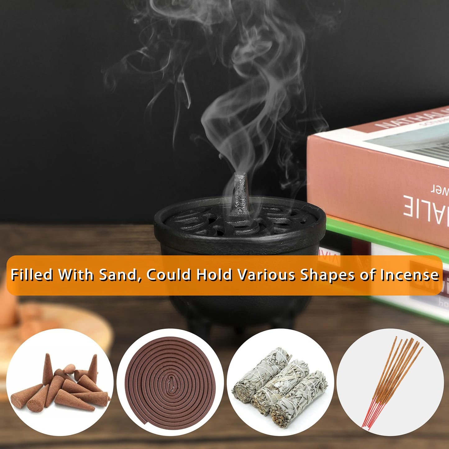 JUXYES Vintage Tripod Incense Burner Holder with Lid, Cast Iron Incense Holder Metal Cauldron Censer Antique Cone Coil Incense Burner Holder for Incense Resins, Cones, Charcoal or Wax Melts
