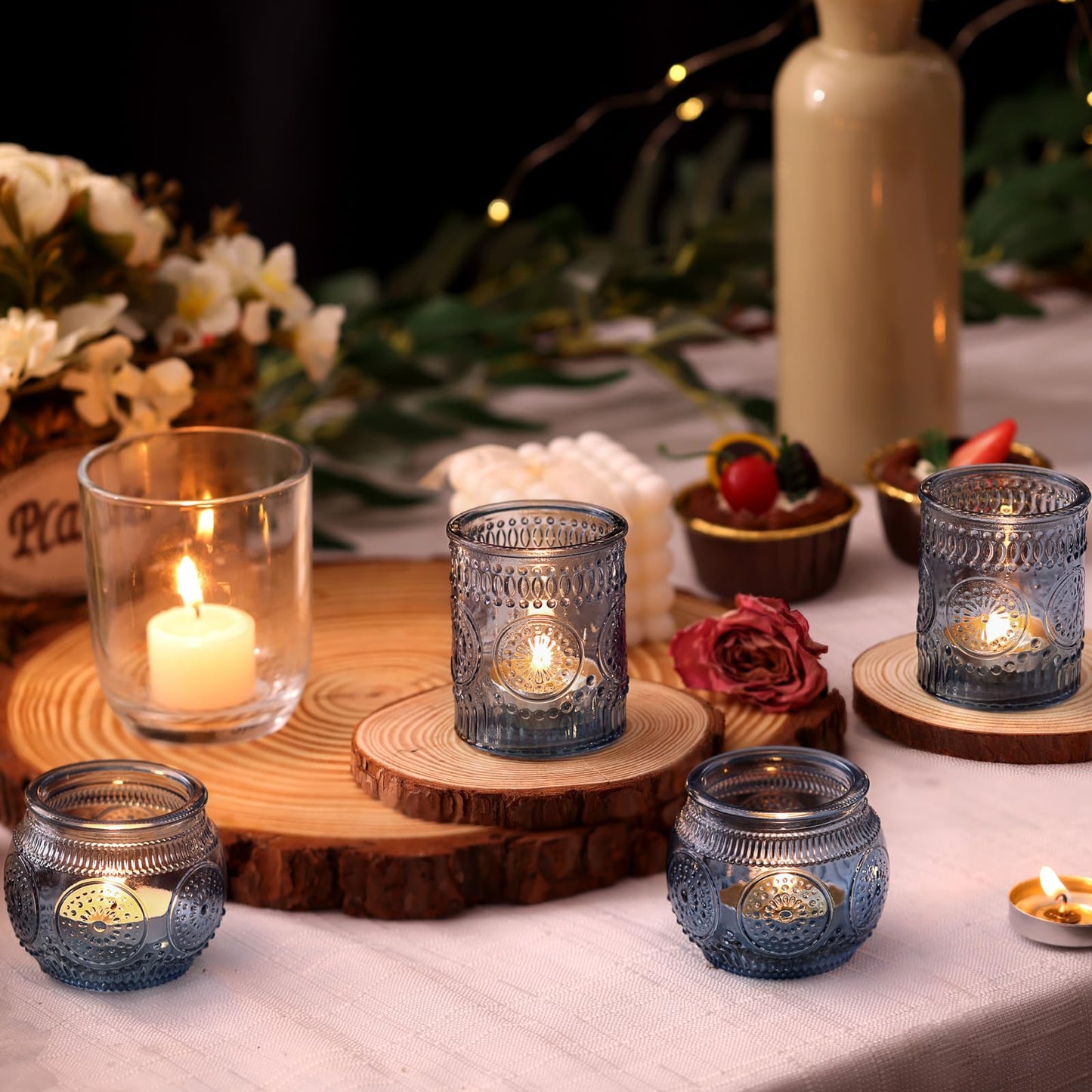DARJEN 24Pcs Blue Votive Candle Holders - Glass Candle Holder for Party Decoration, Tea Lights Candle Holder for Wedding Shower & Gift