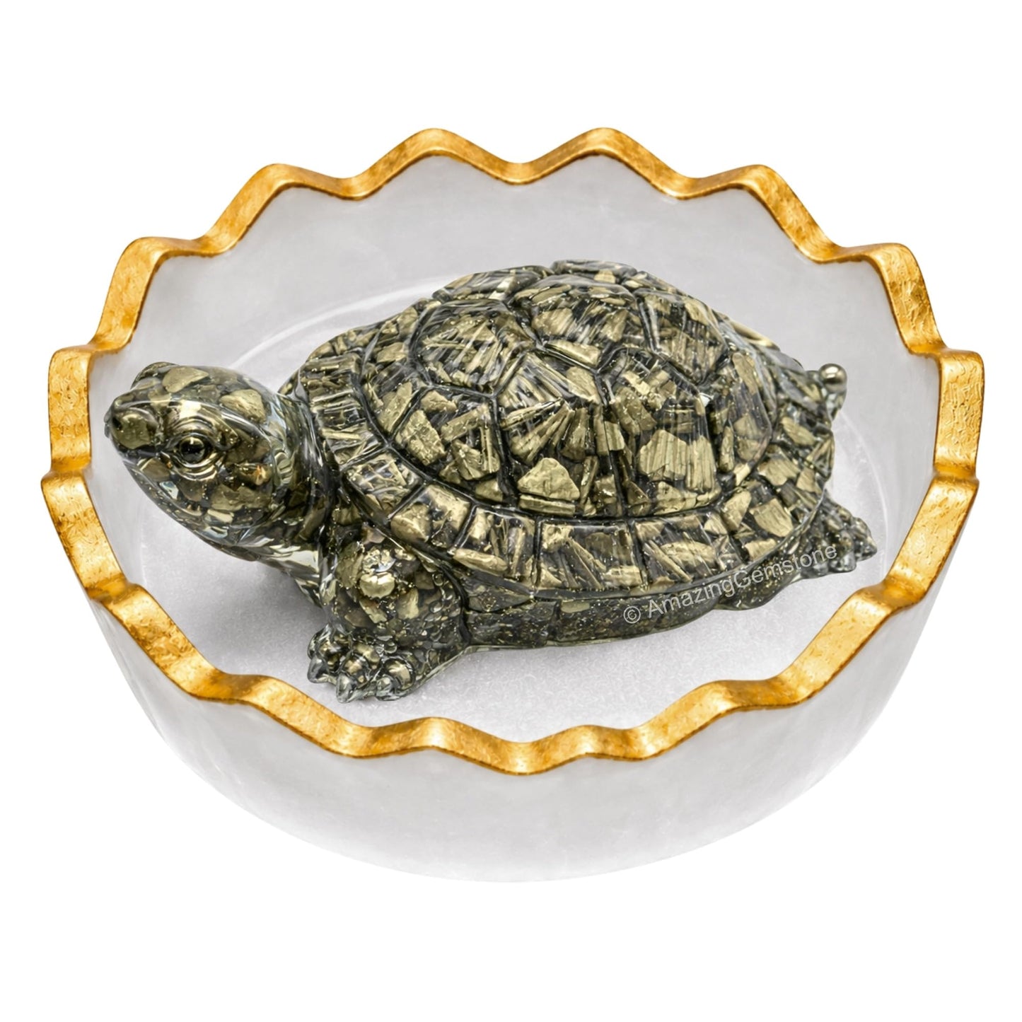 Amazing Gemstone Natural Pyrite Crystal Tortoise with Selenite Bowl | Feng Shui Turtle for Good Luck, Wealth & Positive Energy | Spiritual Home Decor Gift for Office & Meditation