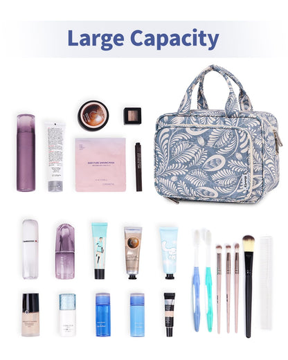 Narwey Full Size Toiletry Bag Large Wash Bag Makeup Bag Travel Organizer Cosmetic Bag for Women (Blue Leaf)