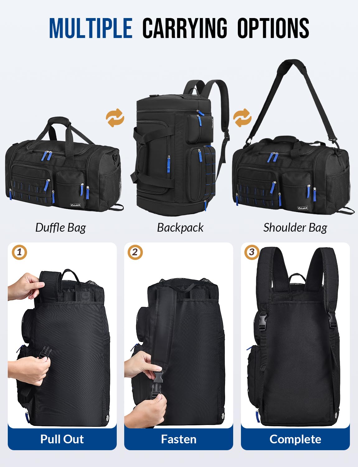 Celvetch Gym Bag for Men Women with Shoes Compartment 3-in-1 Sports Travel Duffel Bag Multipurpose Weekender Overnight Backpack with Wet Pocket - Black