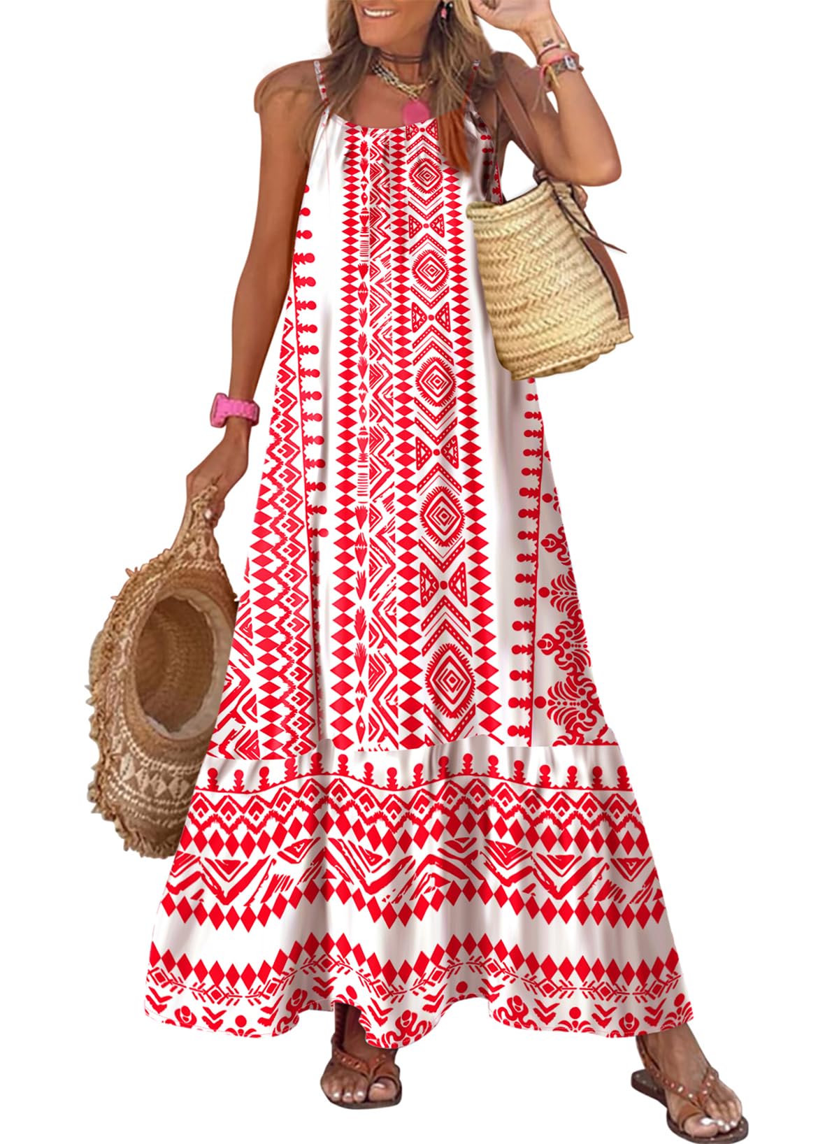 Dokotoo Women Summer Dresses 2025 Spaghetti Strap Scoop Neck Smocked Ruffle Flowy Boho Maxi Dress