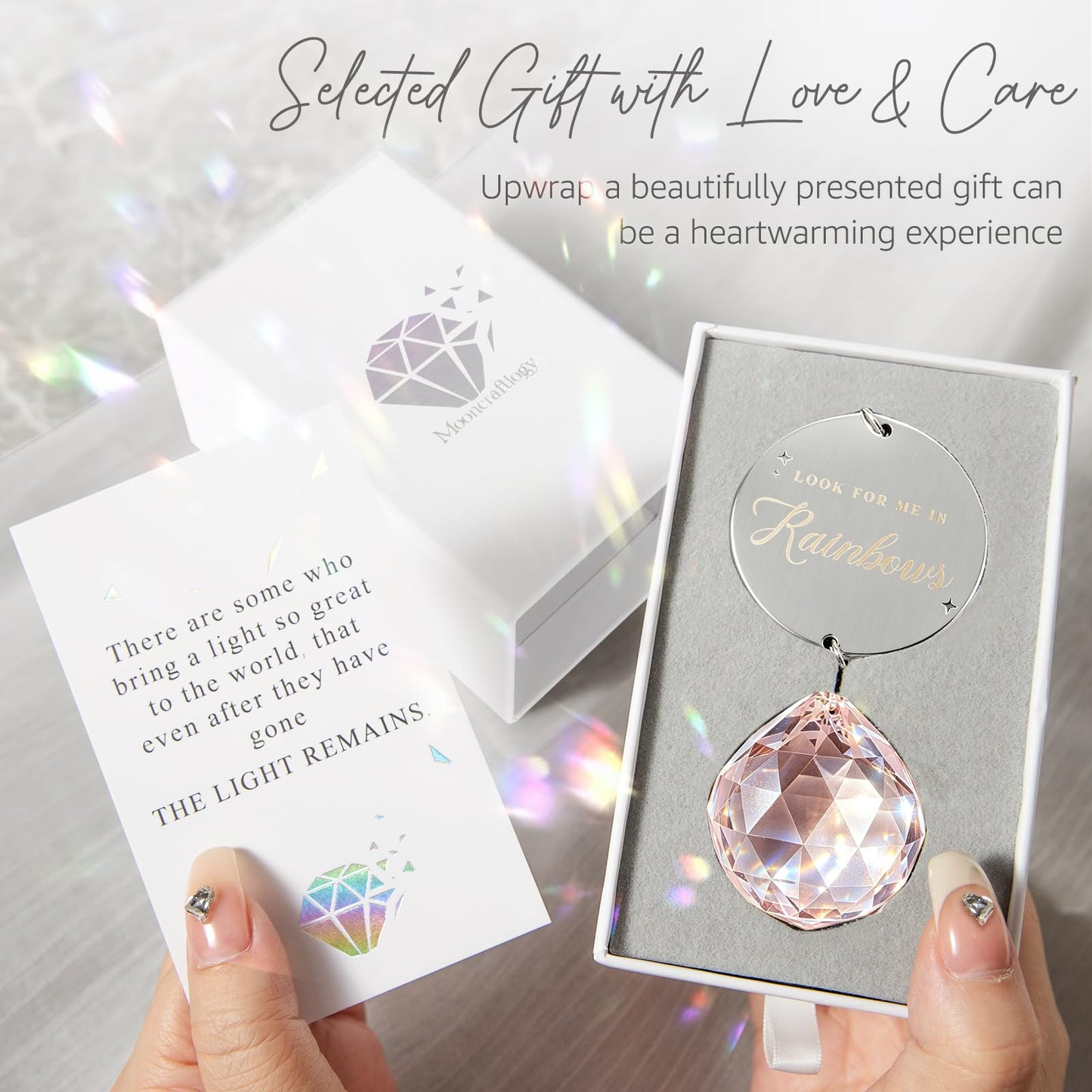 Mooncraftlogy Memorial Gifts for Loss of Loved One, Unique Sympathy Idea, Pink Crystal Ball Grief Suncatcher, Rainbow Bereavement Box for Mom Dad Husband Son Daughter