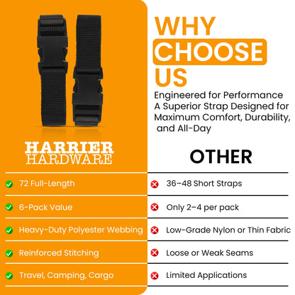 Harrier Hardware Utility Strap with Quick-Release Buckle, Black, 72-Inch, 6-Pack