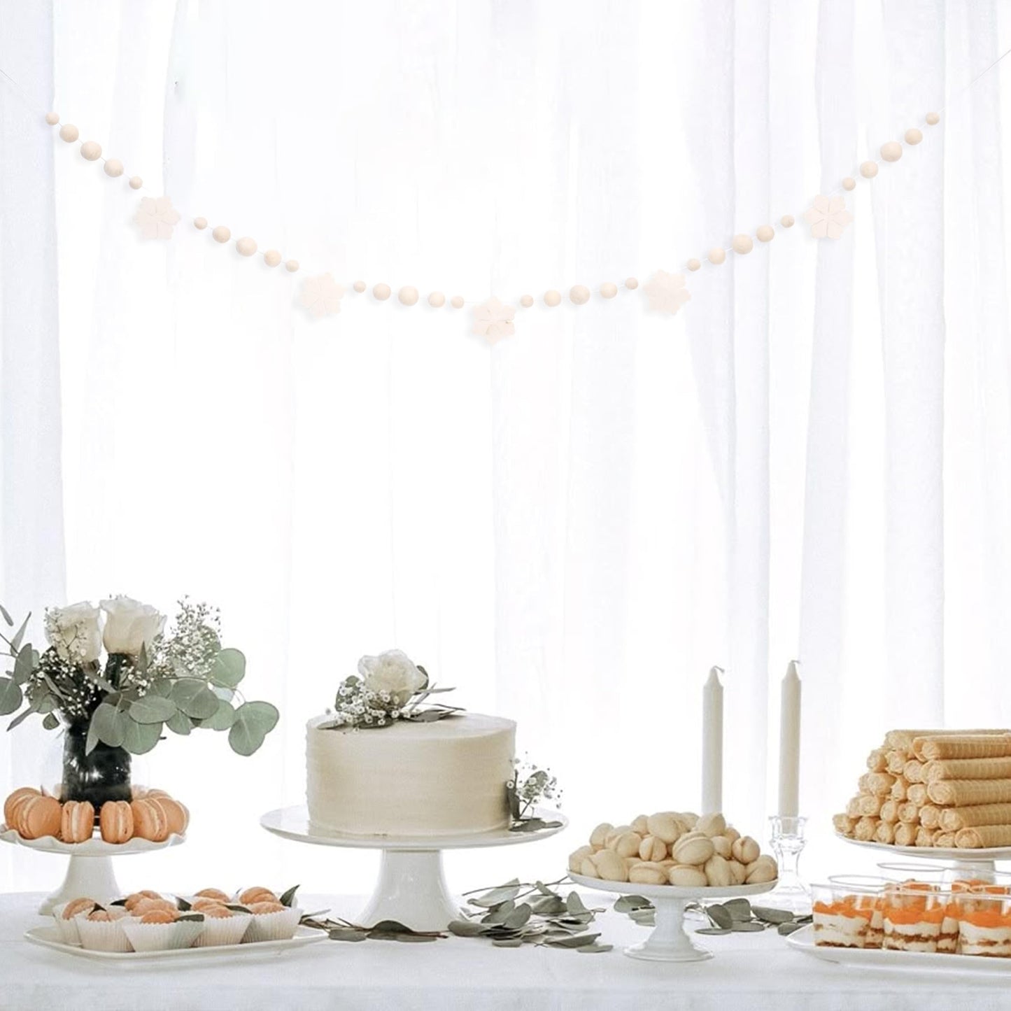 Felt Snowflake Garland – Cream White Winter Garland with Wool Balls, Neutral Christmas Mantle Decor, Scandinavian Snow Banner for Holiday Party, Nursery or Fireplace Decoration