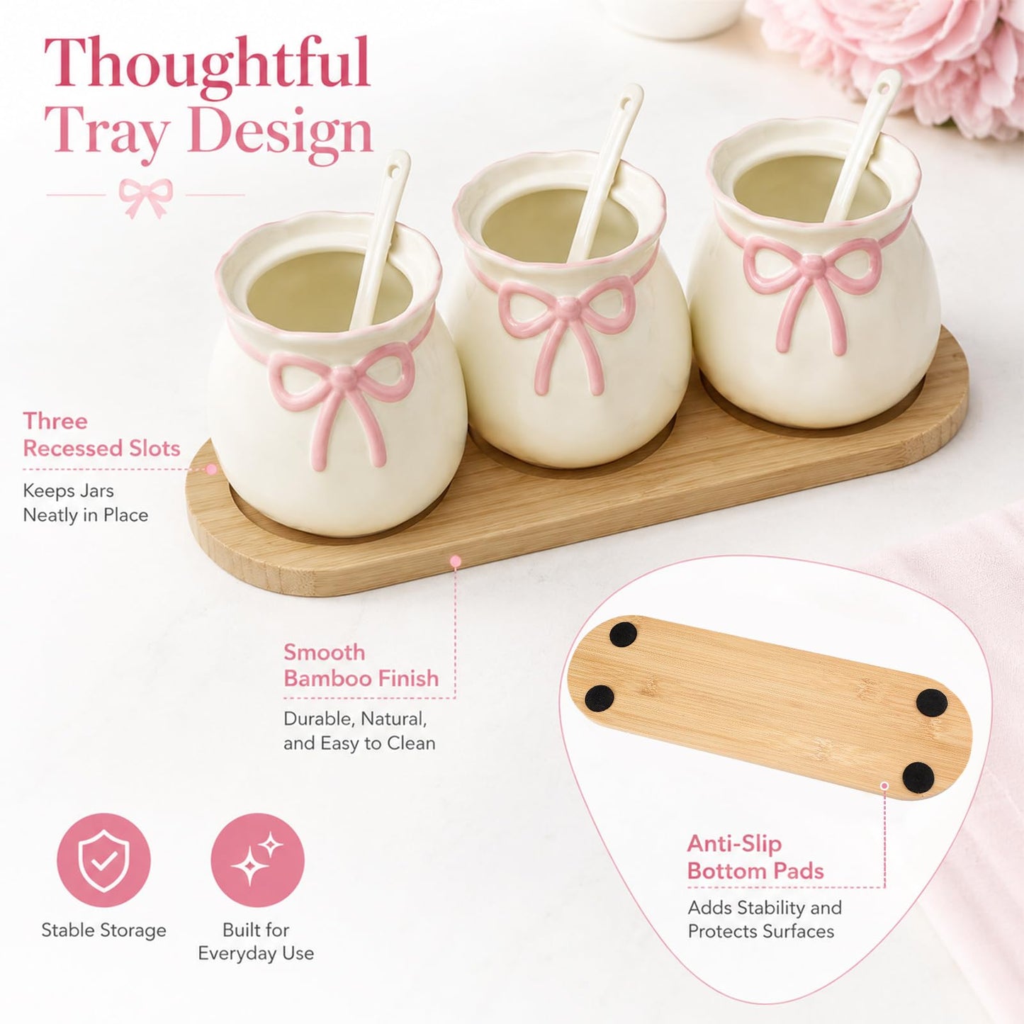Domensi 3 Piece Pink Bow Condiment Jars Set with Spoons and Wooden Tray, 12.85 oz Ceramic Spice Containers, Coffee Bar Accessories for Your Home, Kitchen, Counter, Housewarming Gifts, 170 ml