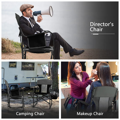 COSTWAY 2-Pack Folding Camping Chair, Heavy-Duty Director Chair Supports 400lbs for Adults with Side Table, Cooler Bag, Storage, Strap, Portable Makeup Chair Set of 2 for Fishing Picnic, Black