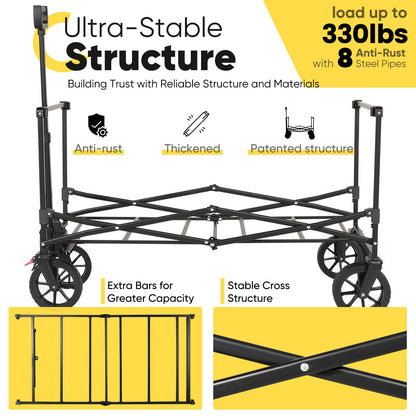 Sekey Folding Festival Trolley with 330LBS Large Capacity, Heavy Duty Camping Beach Wagon, Removable All-terrain Wheels, Collapsible Cart with Adjustable Handle & Drink Holders, Black&Grey