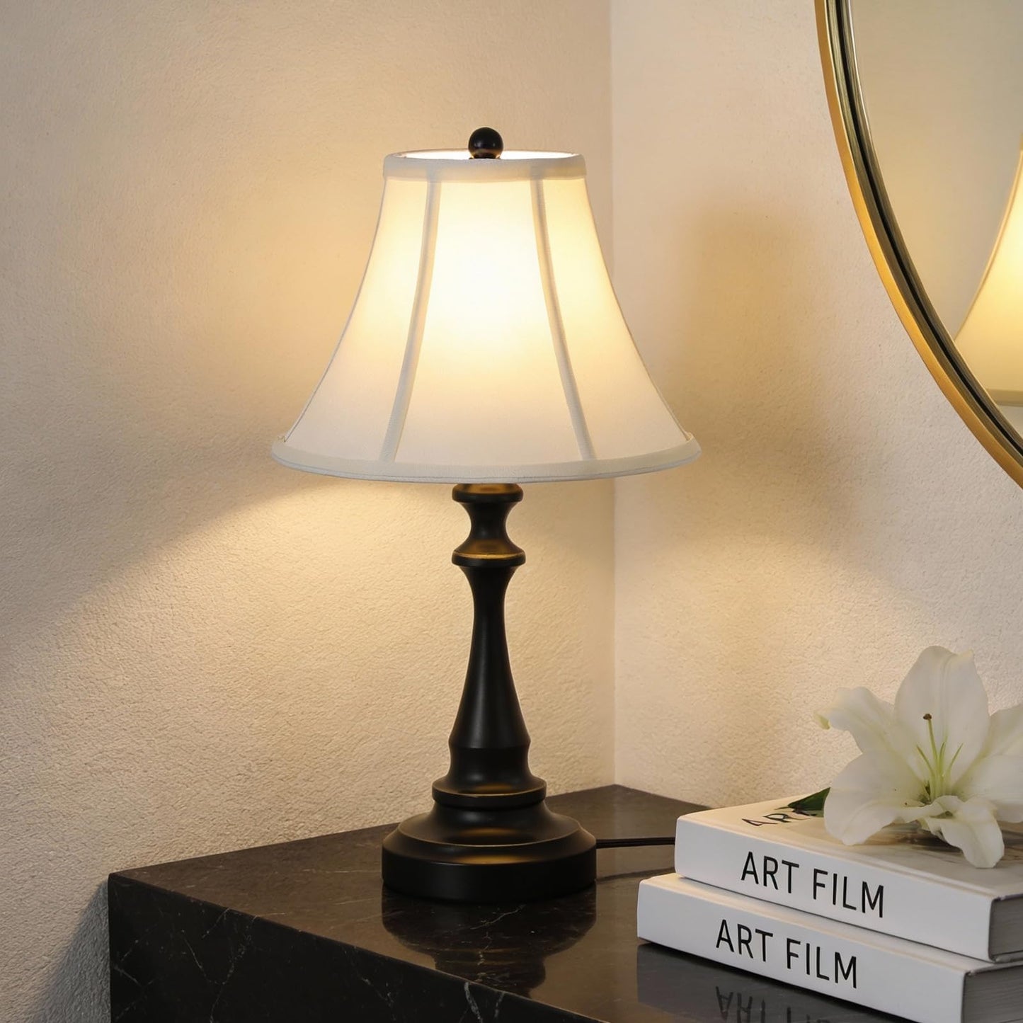 Smeike Traditional Table Lamp, Vintage Desk Lamp for Living Room with Fabric Shade, Farmhouse Bedside Lamp Black Finish for Bedroom Nightstand Office Hotel (Pack-01)
