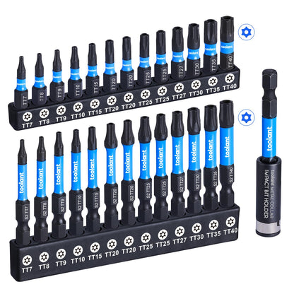 toolant Impact Torx Bit Set 26+1pcs (T7-T40), 1/4 Hex-Shank S2 Steel Security Torx Bit Set, Tamper Proof Star Bit Set with CNC Machined Tips, 1”&2” Long with Magnetic Impact Bit Holder and Storage Box