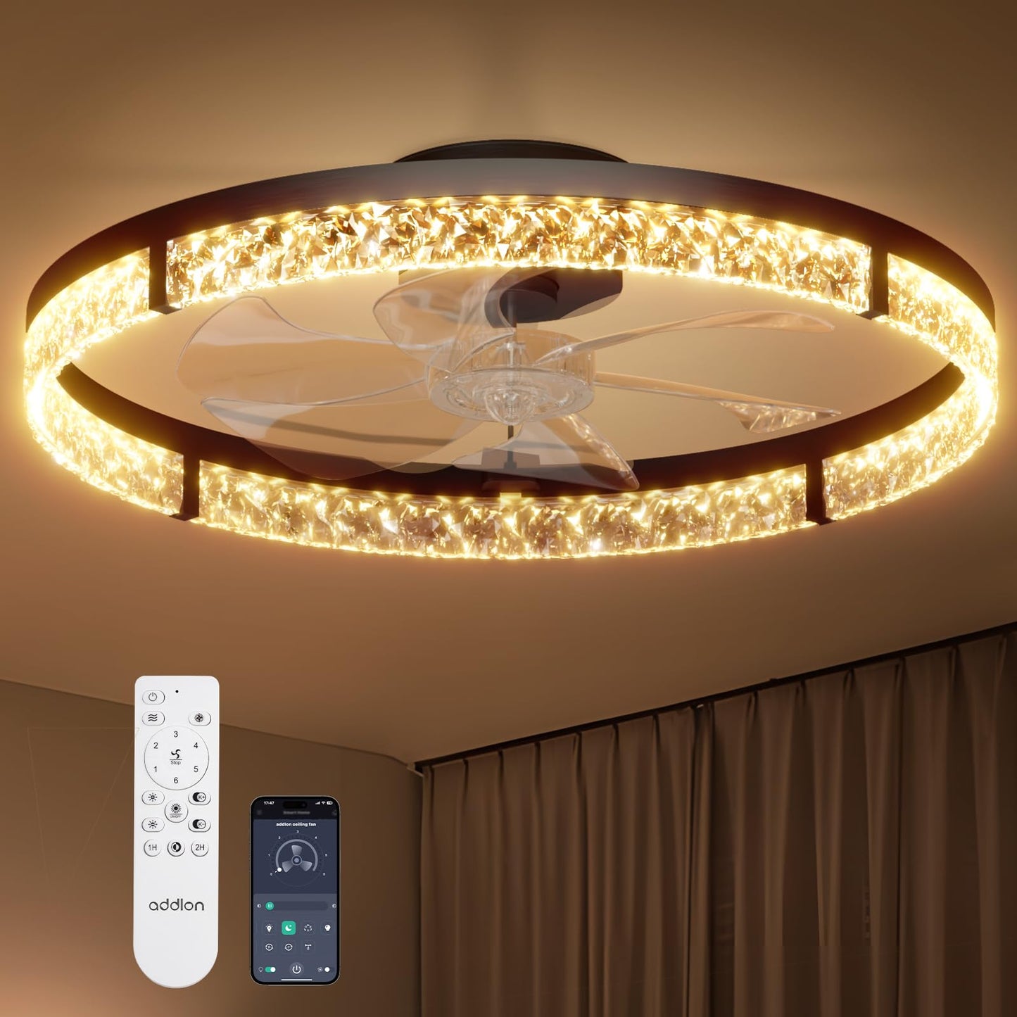 addlon Ceiling Fans with Lights and Remote, 24'' Low Profile Flush Mount Ceiling Fan, 3000–6000K Dimmable LED Fandelier, Bladeless Crystal Fan Light for Bedroom, Kitchen, Living Room, Black