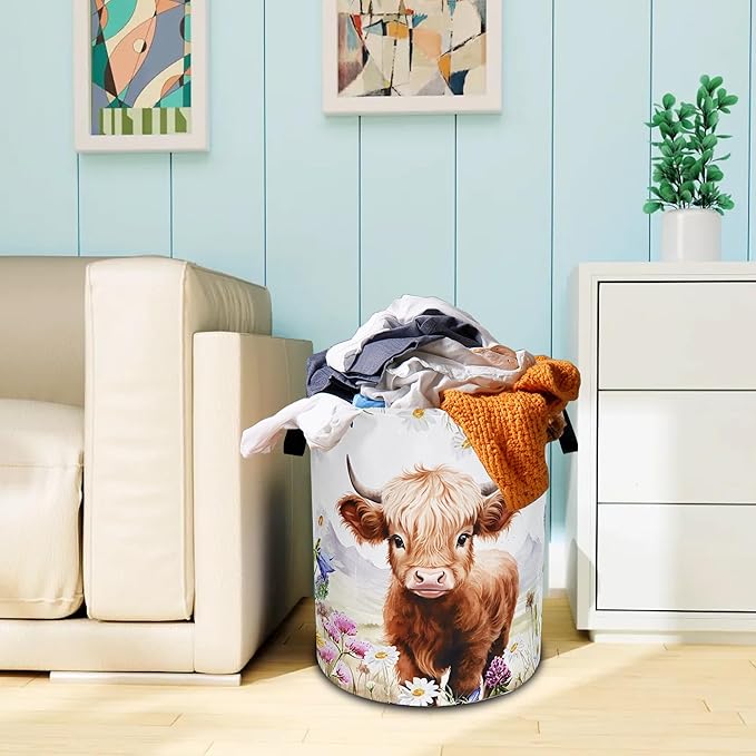 Highland Cow Laundry Basket Oxford Cloth Animal Flowers Laundry Hamper