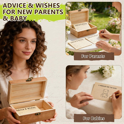 Natural Wooden Baby Shower Keepsake Box with 50 Pcs Advice & Wishes Kraft Cards - Elegant Guest Book Alternative – Rustic Time Capsule Memories Box for New Parents, Mom & Dad to Be Gifts (Set)