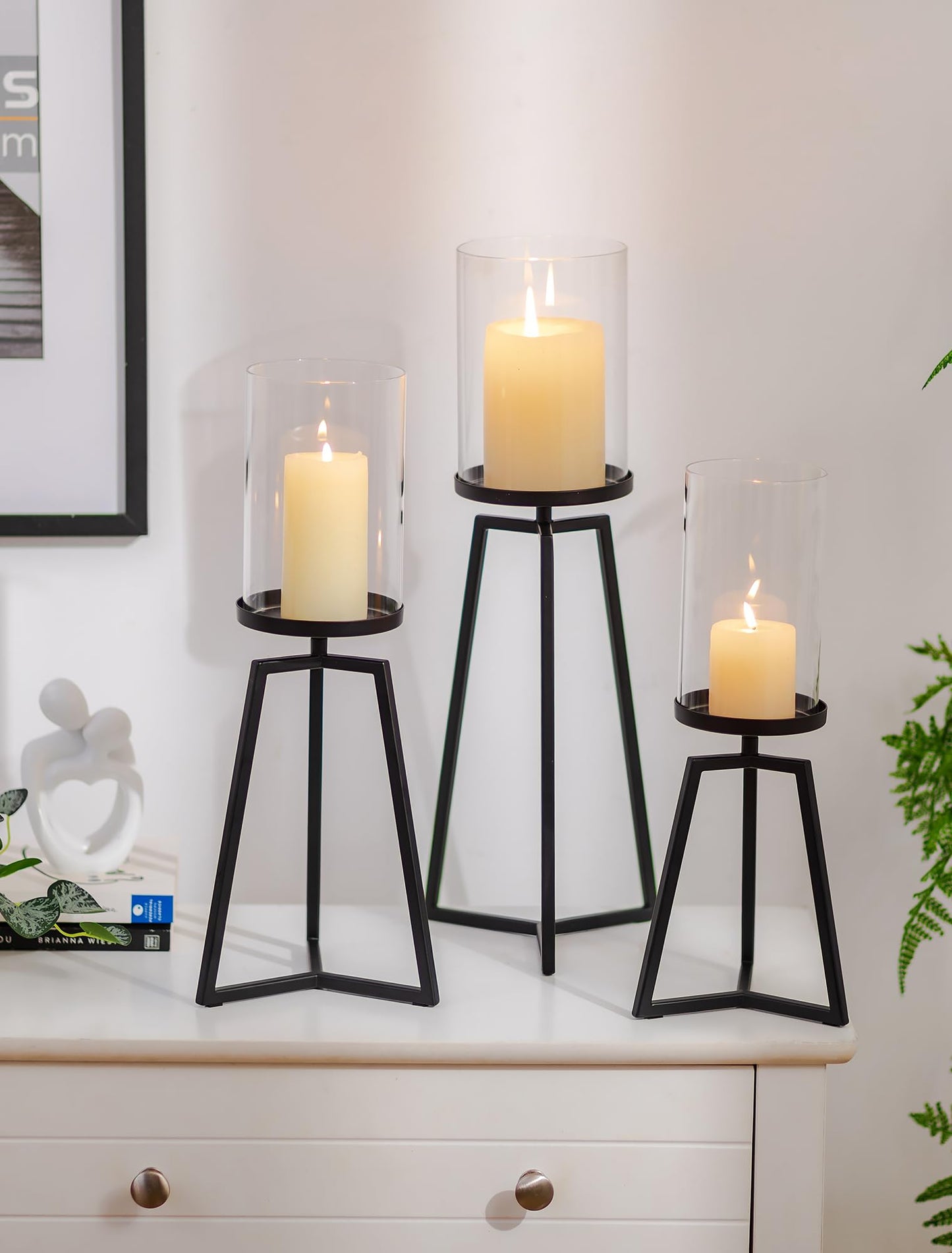 Sziqiqi Pillar Candle Holders Black: Set of 3 Metal Candleholder - Geometric Candle Stands with Hurricane Glass for Indoor Outdoor Dining Table Decor