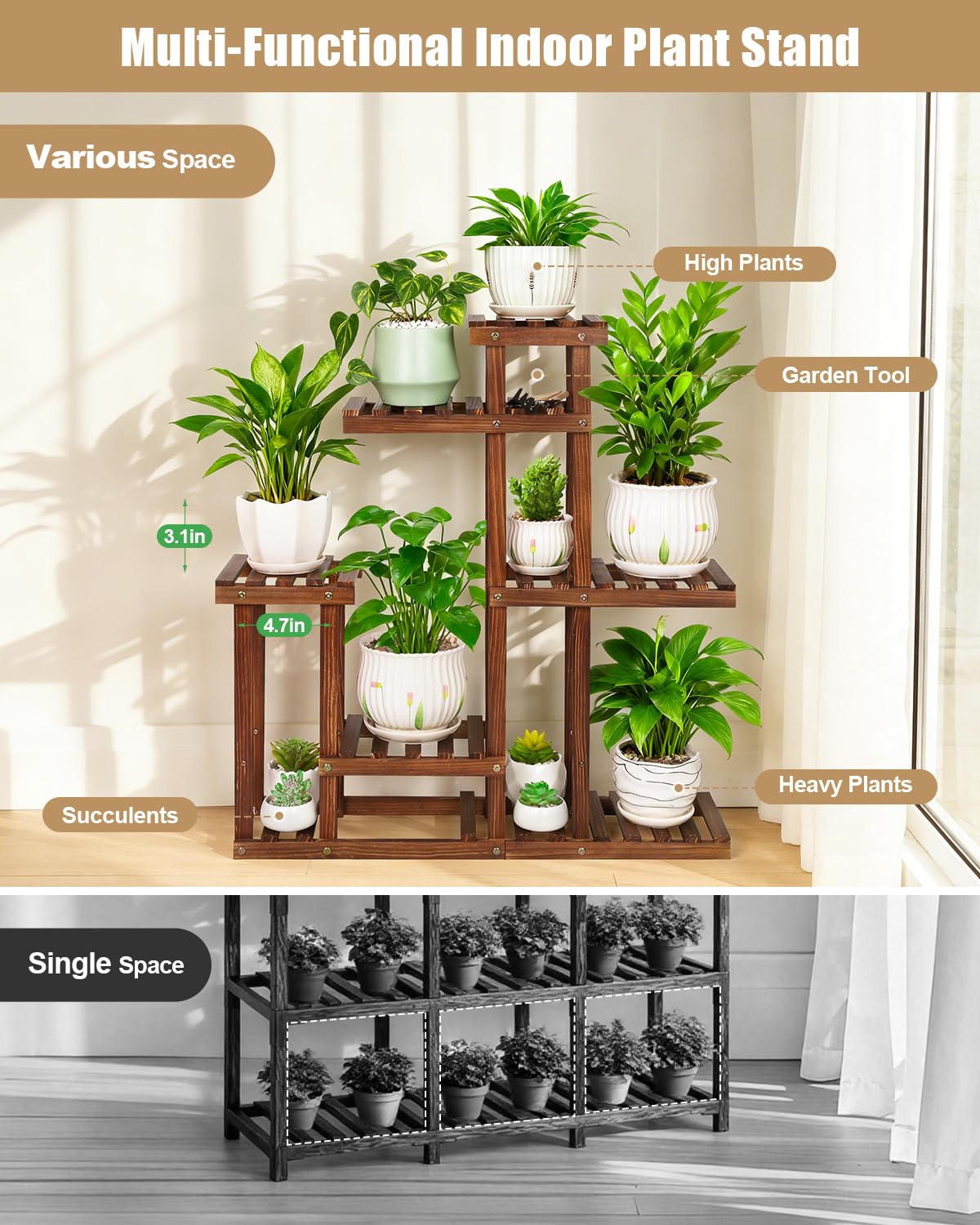 Carbonized Wood Plant Stand, 6-Tier Indoor Tiered Plant Shelves, Space-Saving Narrow Wood Plant Rack for Multiple Plants, Sturdy Flower Stand for Living Room/Balcony/Garden/Outdoor, Easy Assembly