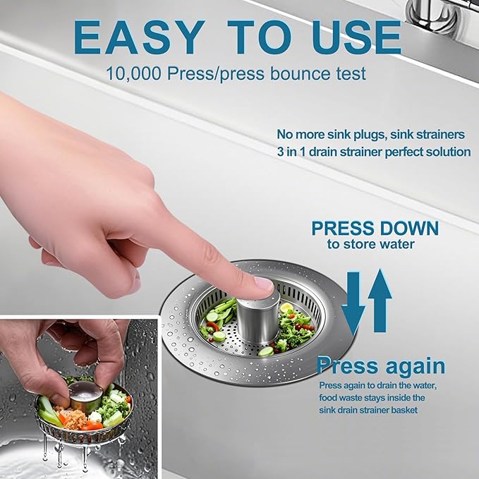 3-in-1 Kitchen Sink Drain Strainer & Stopper, Stainless Steel Food Catcher Plug