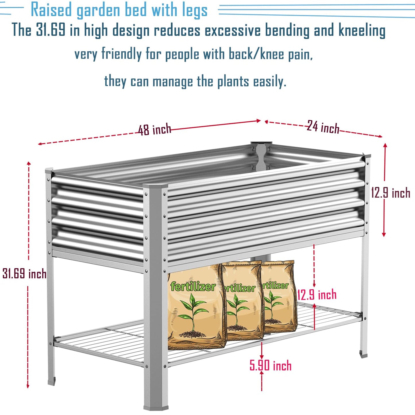 COATTOA Raised Garden Bed with Legs, Galvanized Raised Planter Box with Storage Shelf and Drainage Holes, 48×24×32 Inch Large Metal Garden Bed Kit for Balcony, Backyard, Patio Lasts for Years of Use.