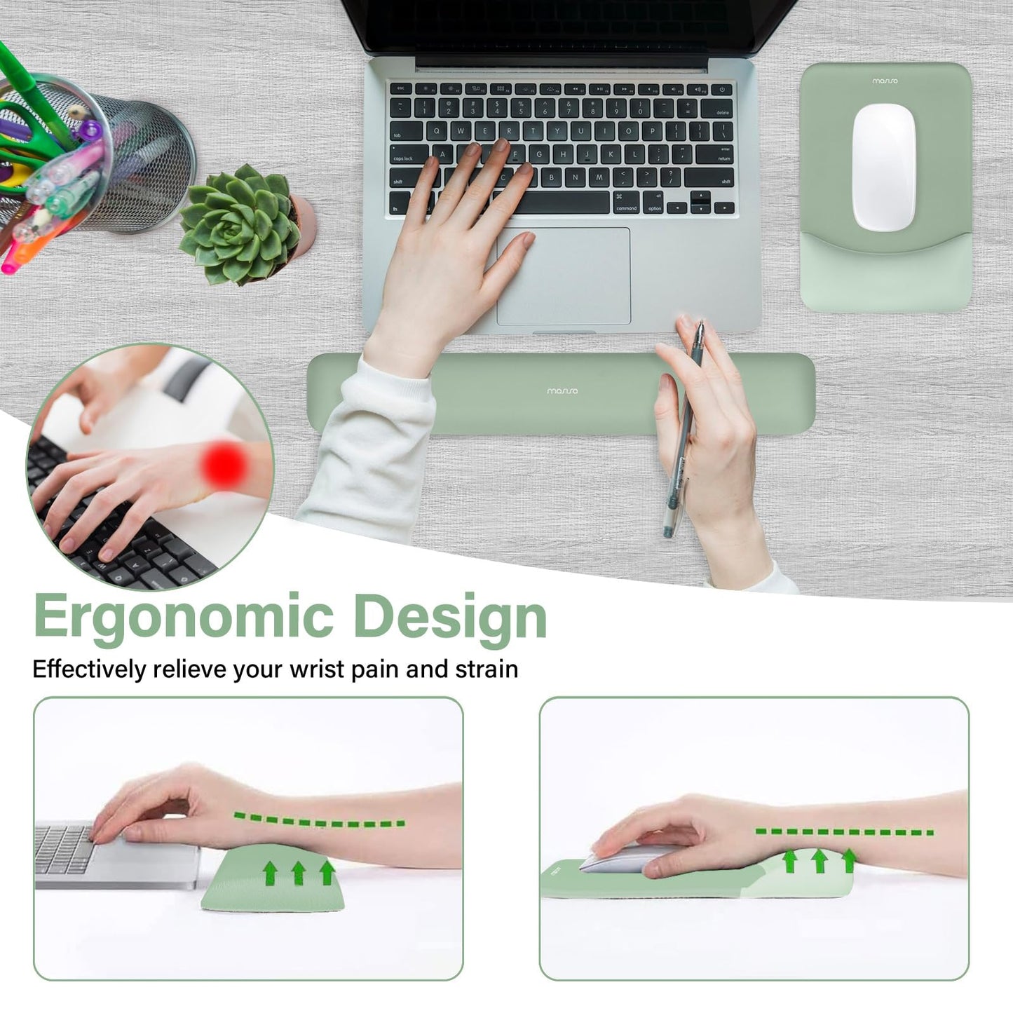MOSISO Wrist Rest Support for Mouse Pad&Keyboard Set, Rectangular Ergonomic Mousepad Non-Slip Base Home/Office Pain Relief&Easy Typing Pad with Neoprene Cloth&Raised Curved Memory Foam, Green