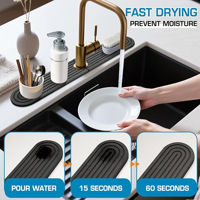 Dark Gray-Oval 23.6" Diatomite Kitchen Faucet Mat & Stone Sink Tray – Quick