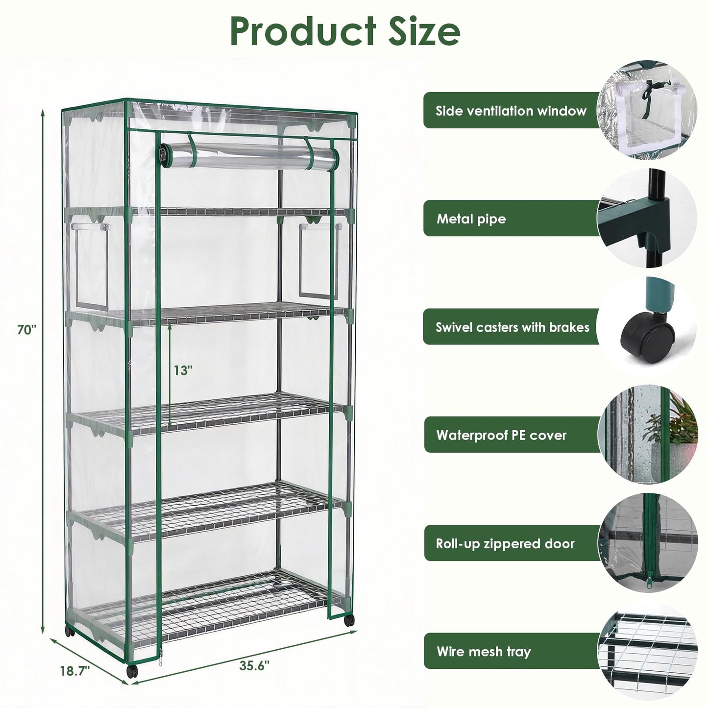 5 Tier Indoor Greenhouse with Grow Lights & Wheels & 2 Ventilation Windows , 36"x19"x70" Portable Green House Cabinet Kit with 5 Shelves Transparent PE Cover