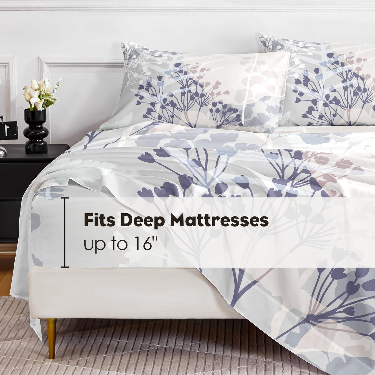 HCORA Floral King Size Sheets Set, Luxury 1800TC Hotel Quality Double Brushed Microfiber Deep Pocket Bed Sheets, Ultra Soft, Breathable and Cooling, 4PC, King