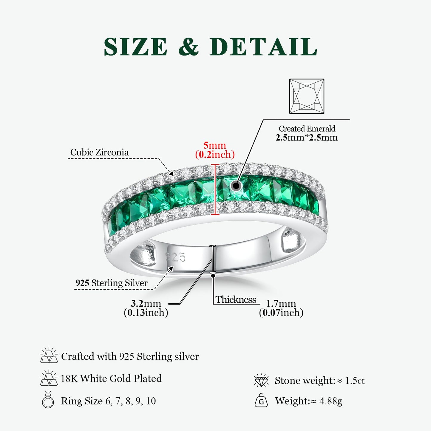 RANDES Womens Emerald Ring Channel Set Wedding Band White Gold Plated Sterling Silver Princess Cut 5mm Thick Eternity Rings Green Stone Ring Size 9