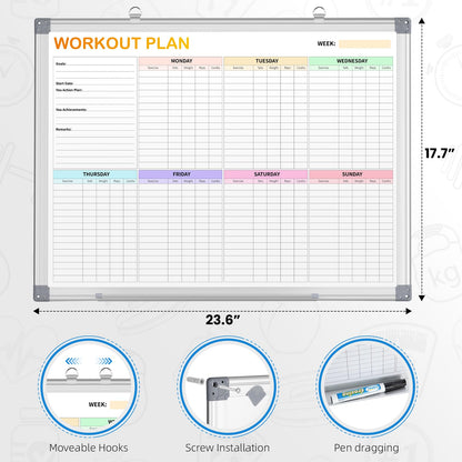 Fitness Tracker Magnetic Whiteboard Workout Plan Dry Erase Board for Wall 24'' x 18'',Hanging Mounted Weekly Fitness Tracker Gym Exercise Tracker Schedules and Checklists