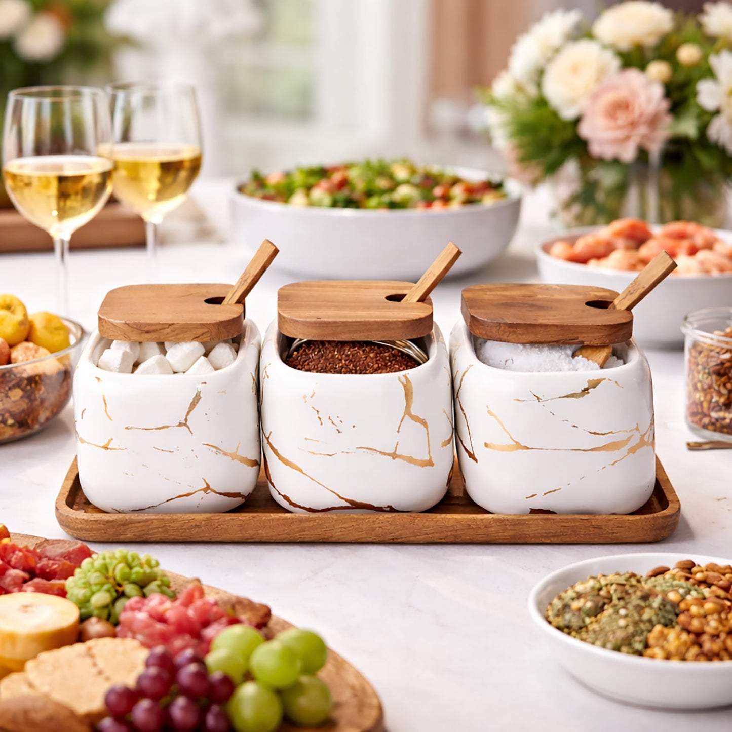 KIDYBELL Ceramic Spice Jars Porcelain Condiment Jars Set Marble Ceramic Seasoning Box 3pcs Condiment Pots for salt, sugar, pepper Kitchen Seasoning Condiment Jar Set