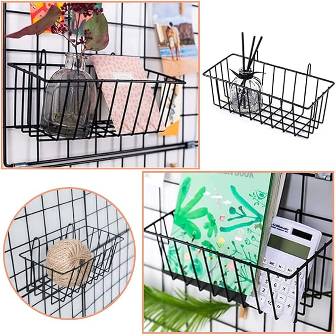3 Pack Wire Baskets, Wall Grid Panel Hanging Wire Basket, Wall Storage and