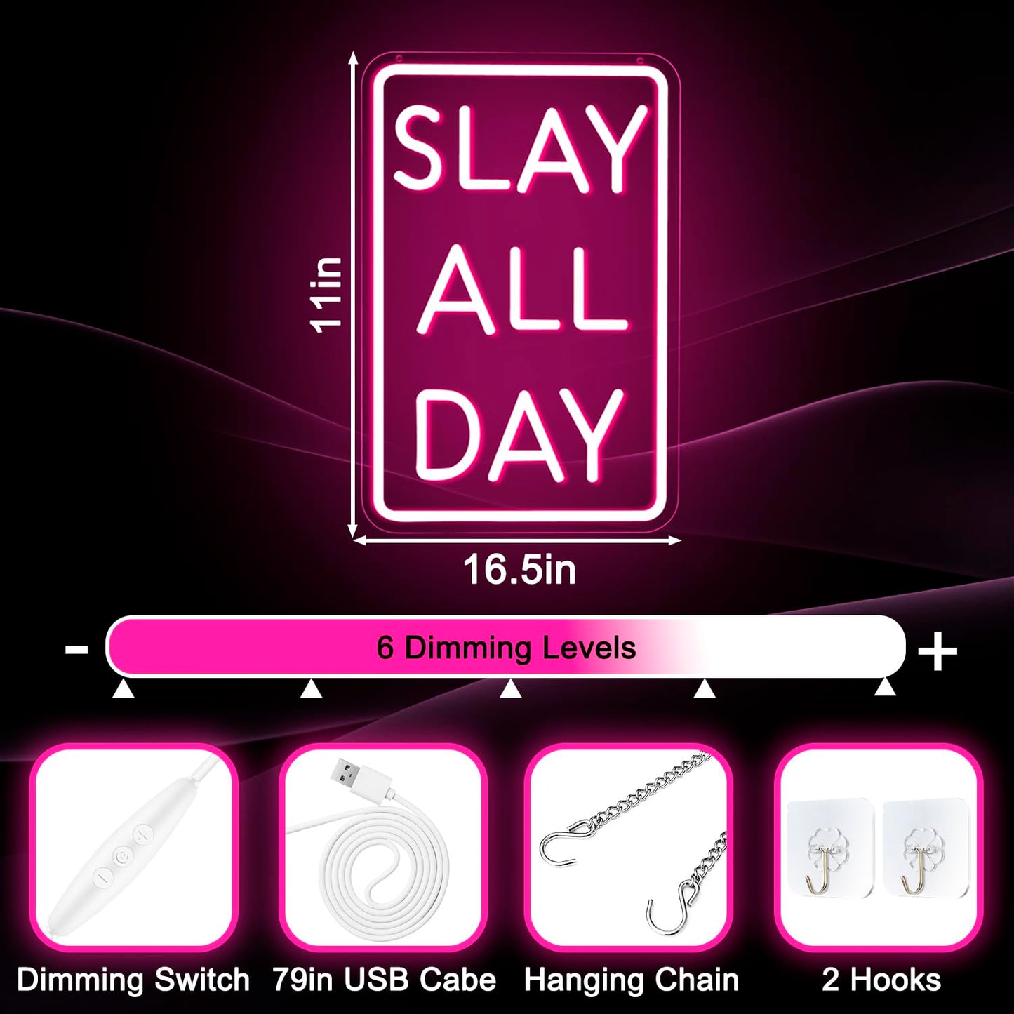 Slay All Day Neon Sign Dimmable Neon Signs for Wall Decor Pink LED Signs USB Light Up Sign Room Decor for Teen Girl Preppy Bedroom Living Room Y2K Coquette Cool Downtown Teenage Girl Room Decoration
