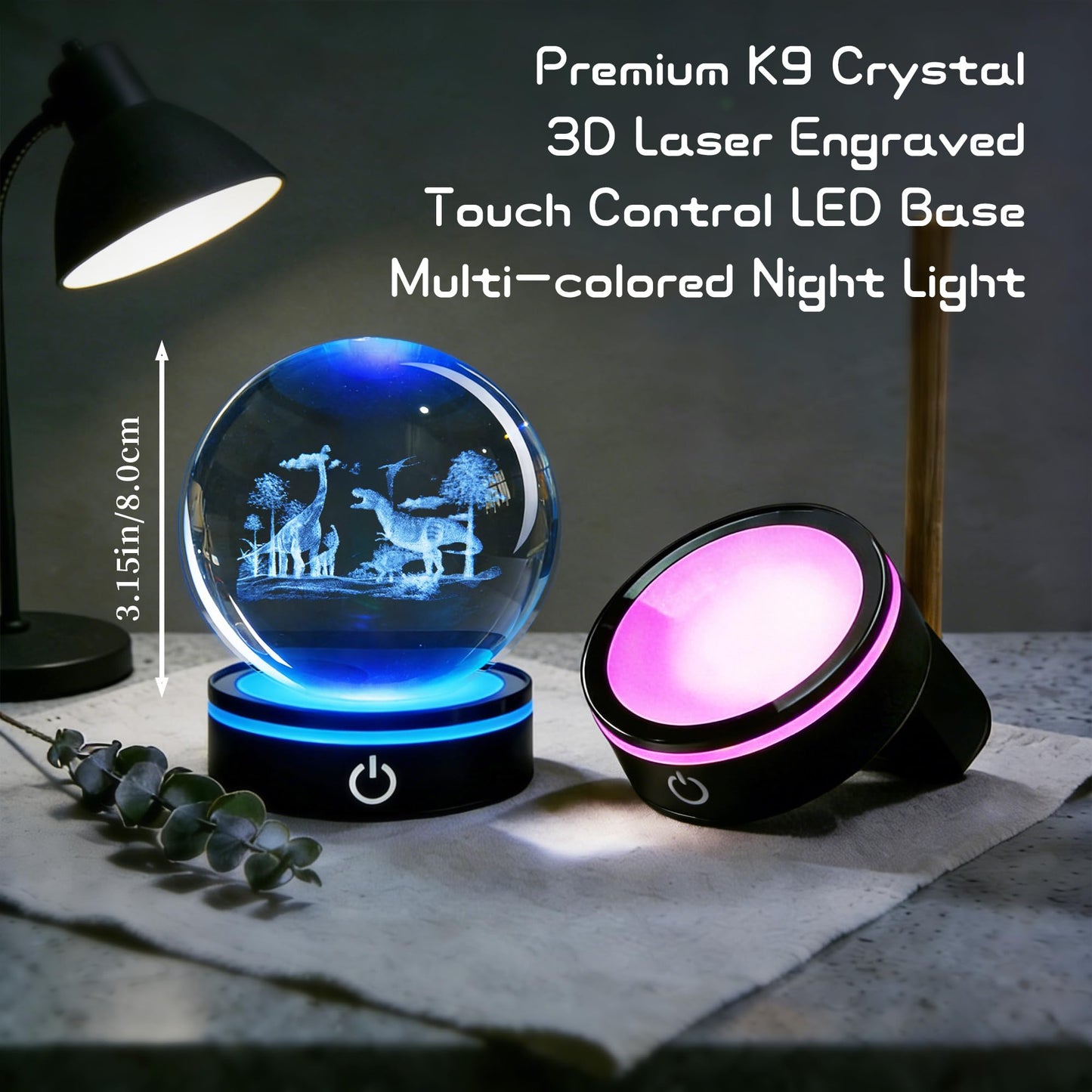QIANCHANG 3D Dinosaur World Crystal Ball with LED Stand, 80mm Glass Sphere Night Light Lamp, Prehistoric Animal Crystal Figurines Collectibles, Dinosaur Lover Gifts for Kids & Adults