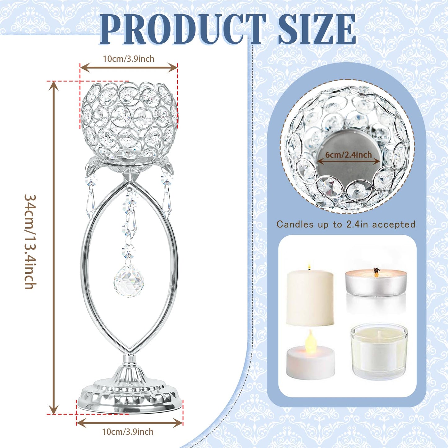 kehail 2 Pcs Silver Elegant Metal Crystal Tea Light Candle Holders with Crystal Pendants, Hollow Design - Wedding Table Centerpieces for Anniversary Birthday Party, Home Decor