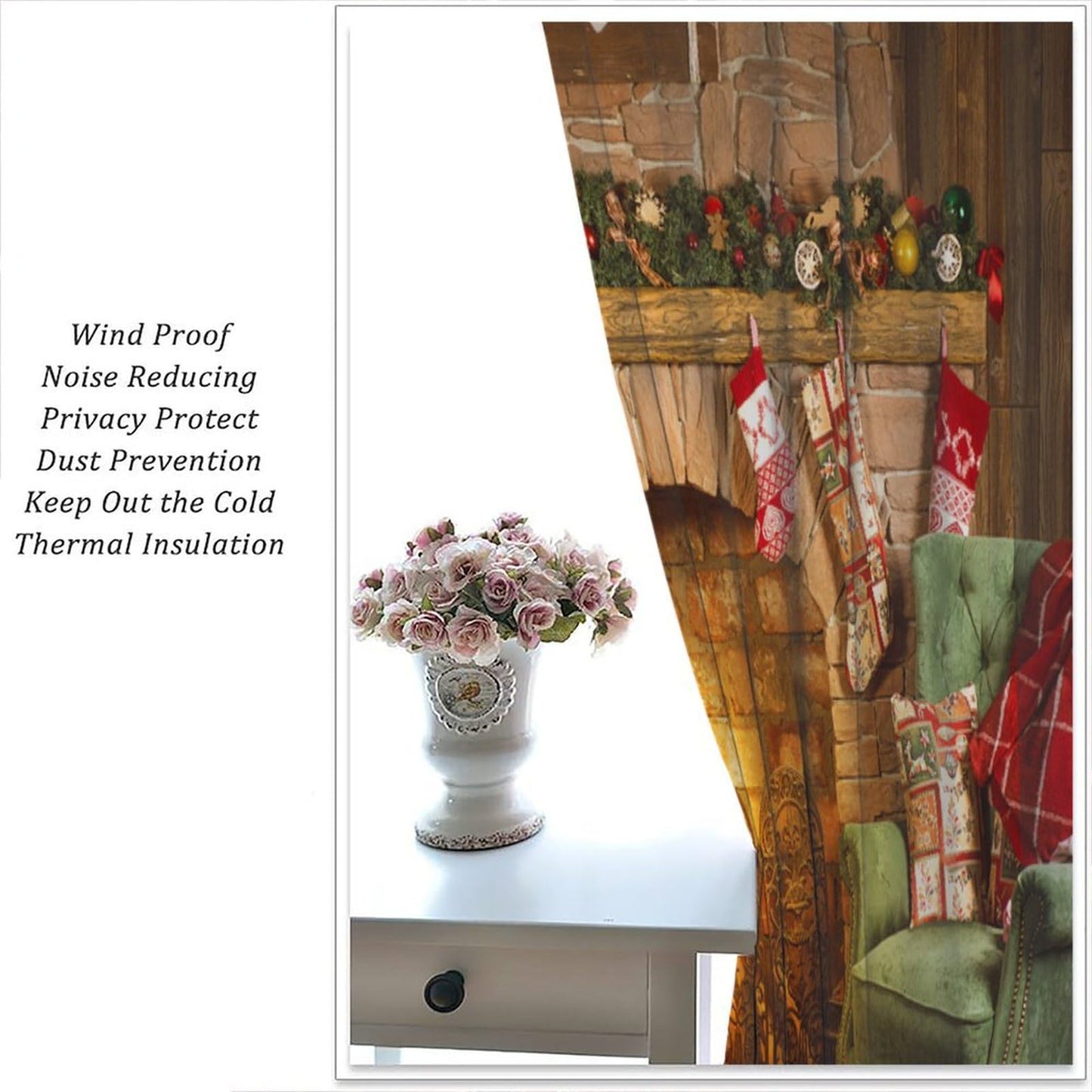FengMingRui Christmas Window Curtain for Bedroom Fireplace Printed Window Treatment Winter Holiday Christmas Decor Window Drapes 52" W X 84" L