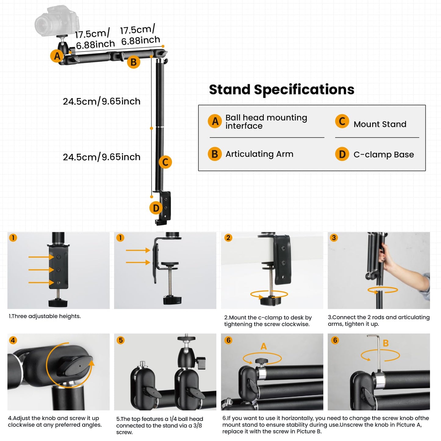TARION Desk Camera Mount Stand Heavy Duty Articulated Camera Arm Articulating Table Mount Camera Stand Adjustable Flexible Gear Joints TKA01-L