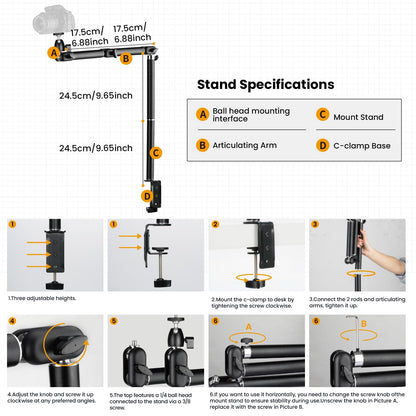 TARION Desk Camera Mount Stand Heavy Duty Articulated Camera Arm Articulating Table Mount Camera Stand Adjustable Flexible Gear Joints TKA01-L