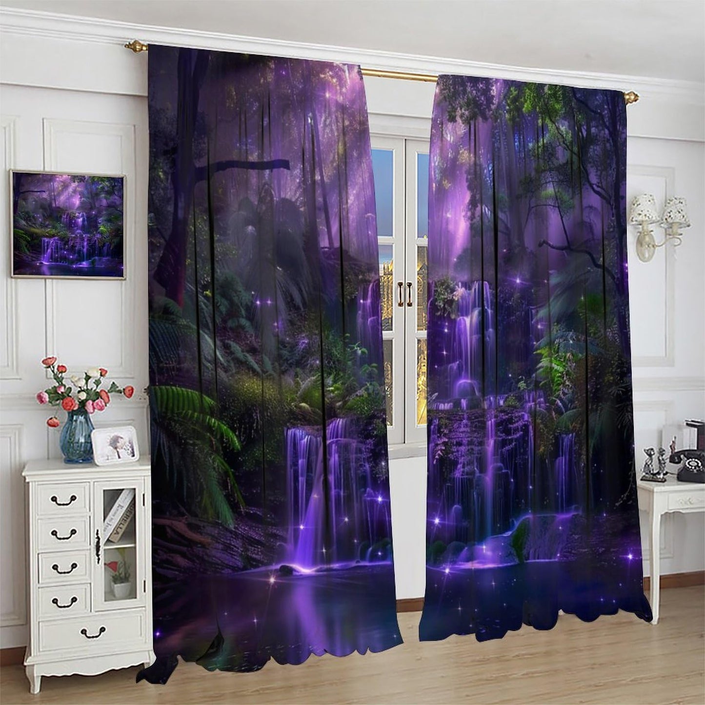 HZOHNAGO Enchanted Forest Curtains Fantasy Nature Purple Fireflies Waterfall Pattern Blackout Print Rod Pocket Window Drapes for Bedroom Living Room 42x63in