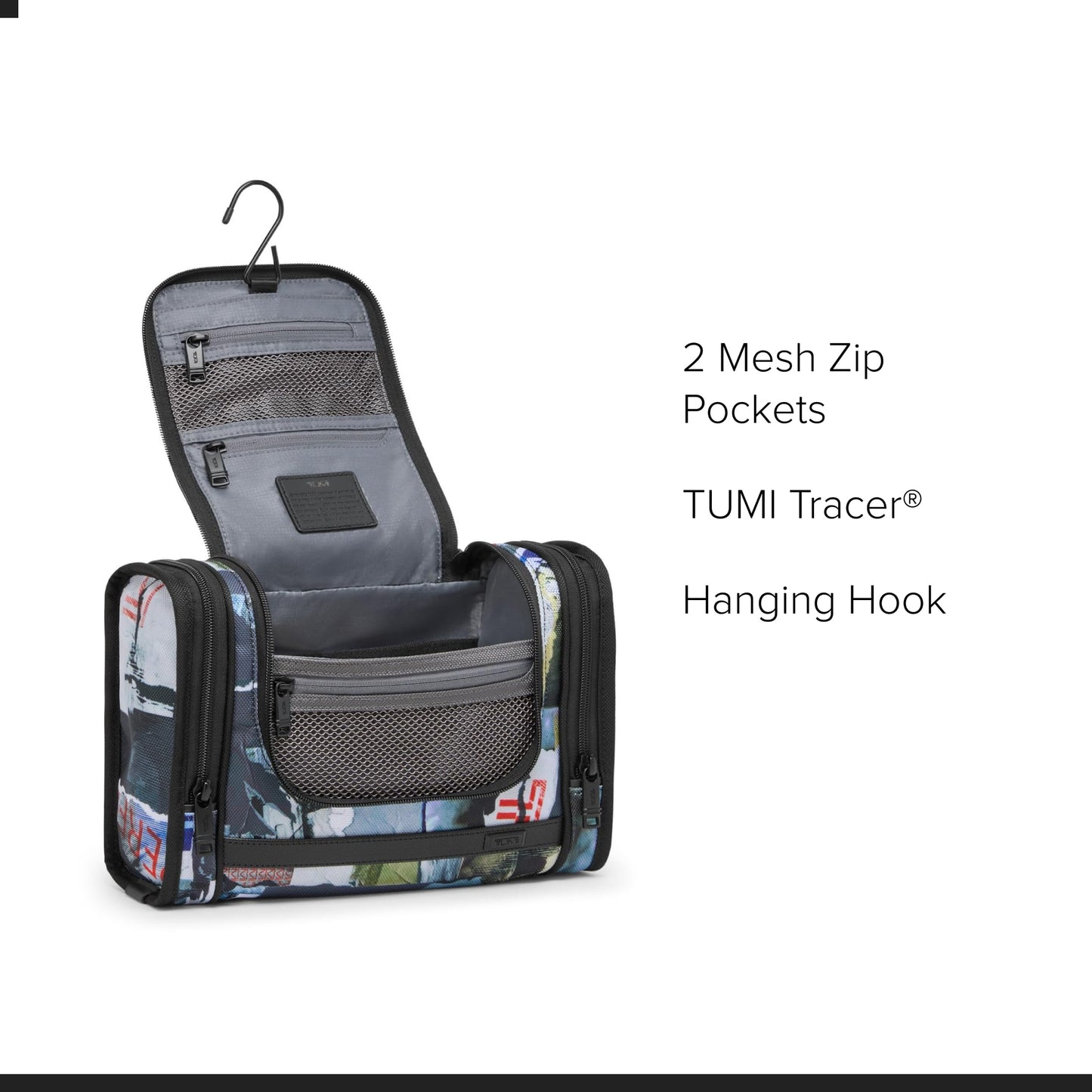 TUMI - Alpha Hanging Travel Kit - Toiletries and Cosmetics Organizer - Travel Essentials Bag with Hooks & Pockets - Black with Red Accents