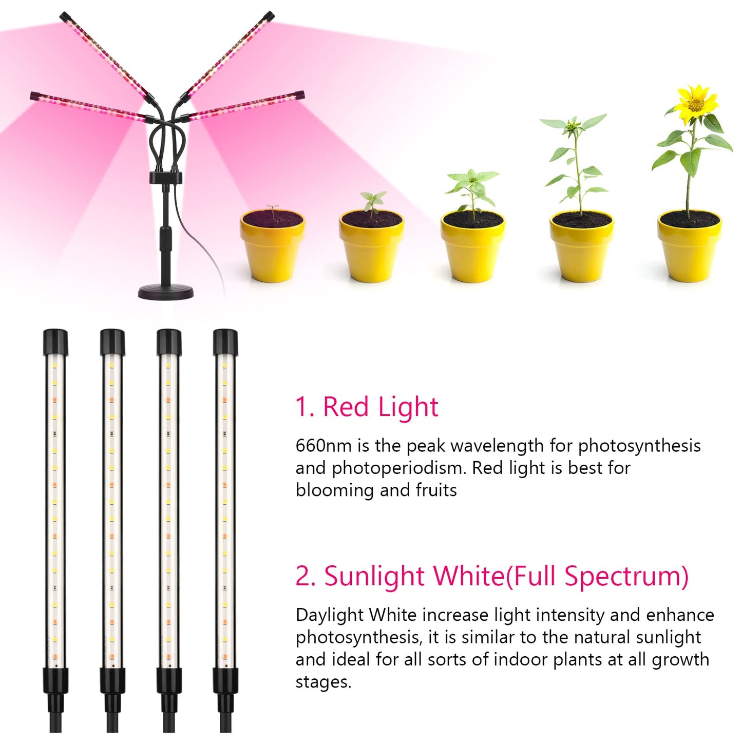Grow Lights for Indoor Plants, Four Head LED Grow Light with Full Spectrum, Red White Spectrum for Indoor Plant Lamp, Adjustable Gooseneck, Suitable for Vegetation